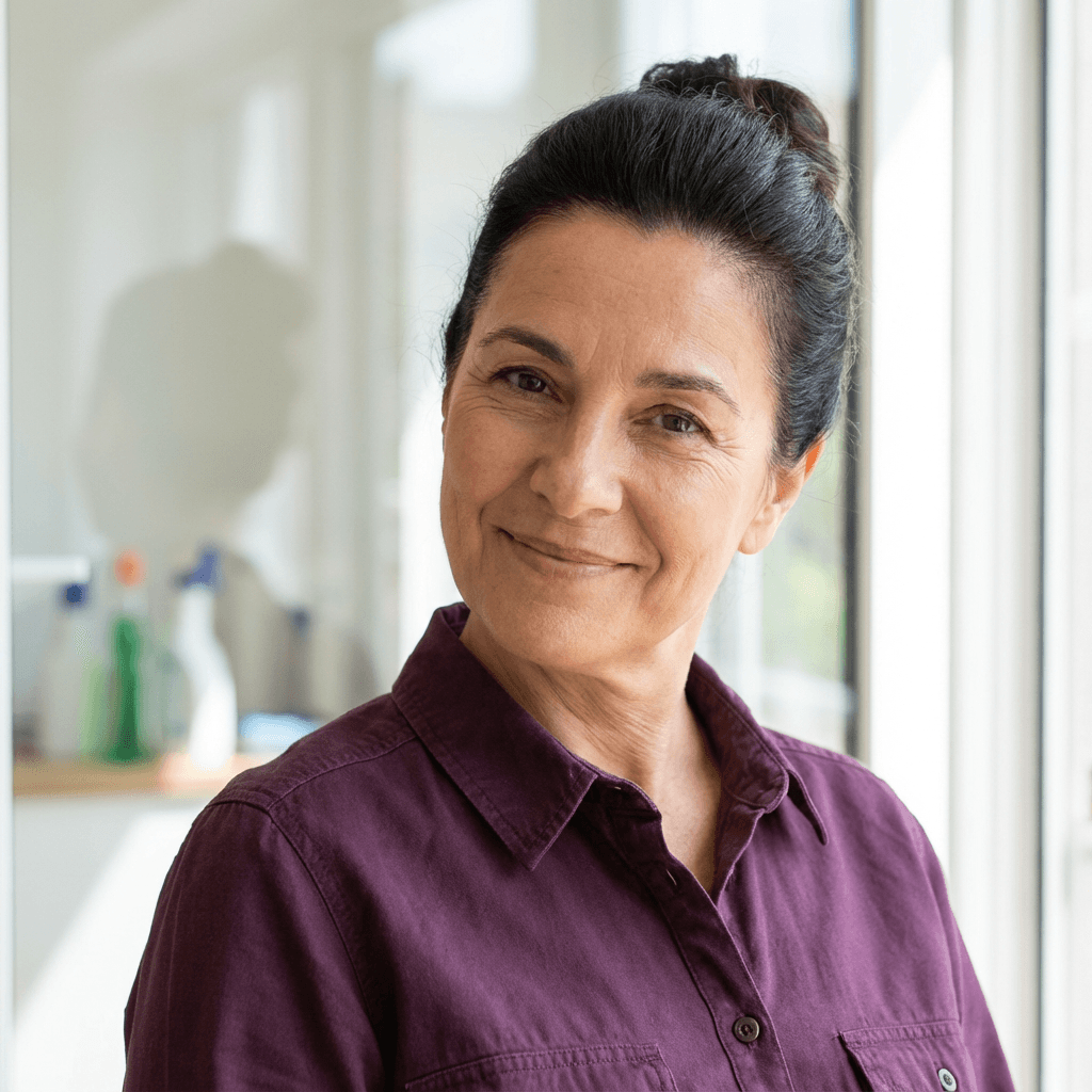 Female cleaner in her 30s dusting shelves in a bright living room