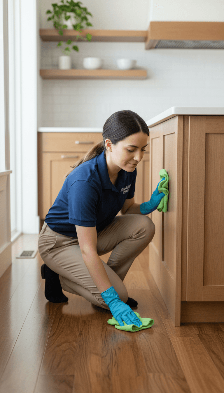 Cleaning professional wiping down a kitchen cabinet in detail
