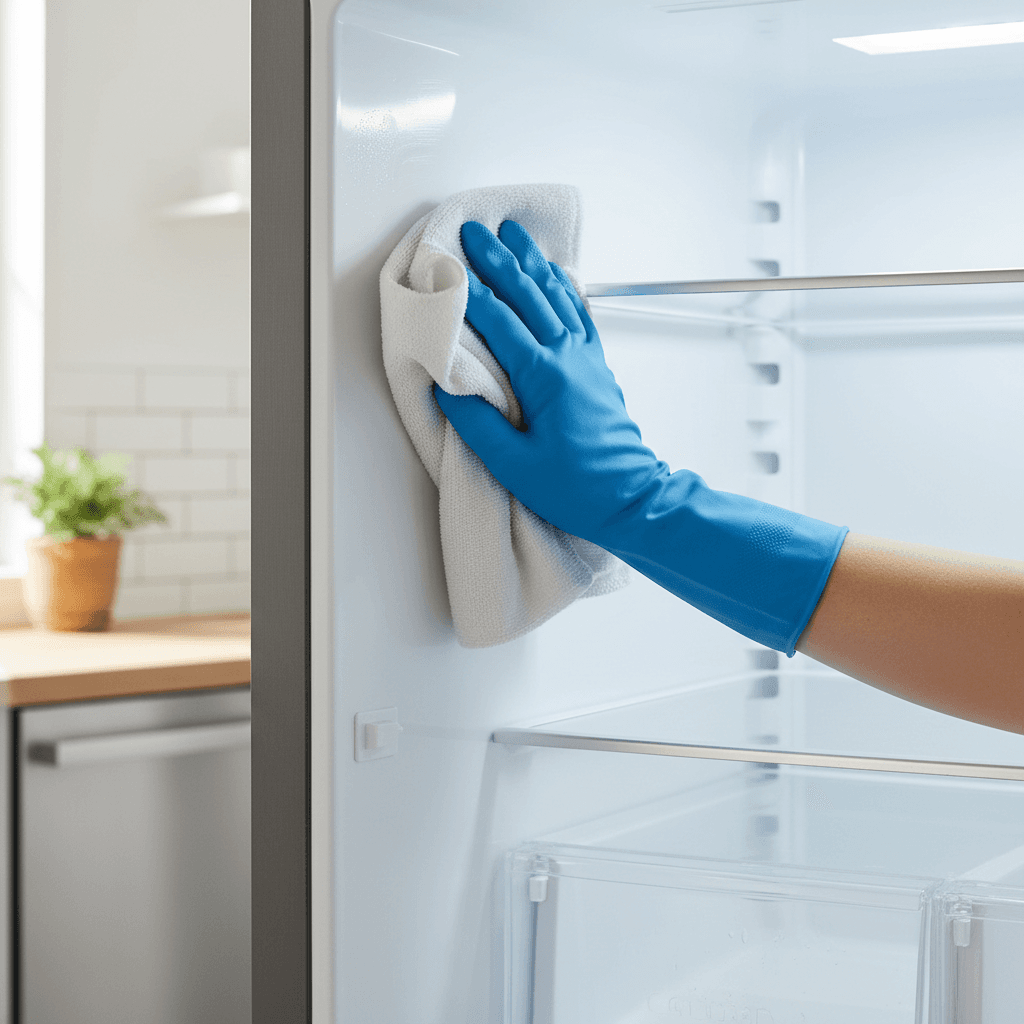 Cleaner wiping inside an empty refrigerator with a microfiber cloth
