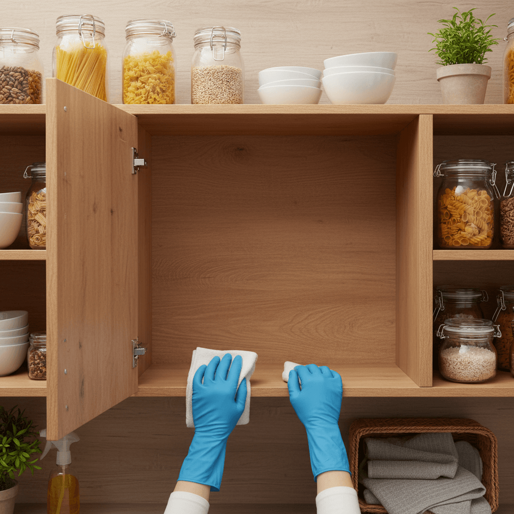 Cleaner wiping inside an open kitchen cabinet