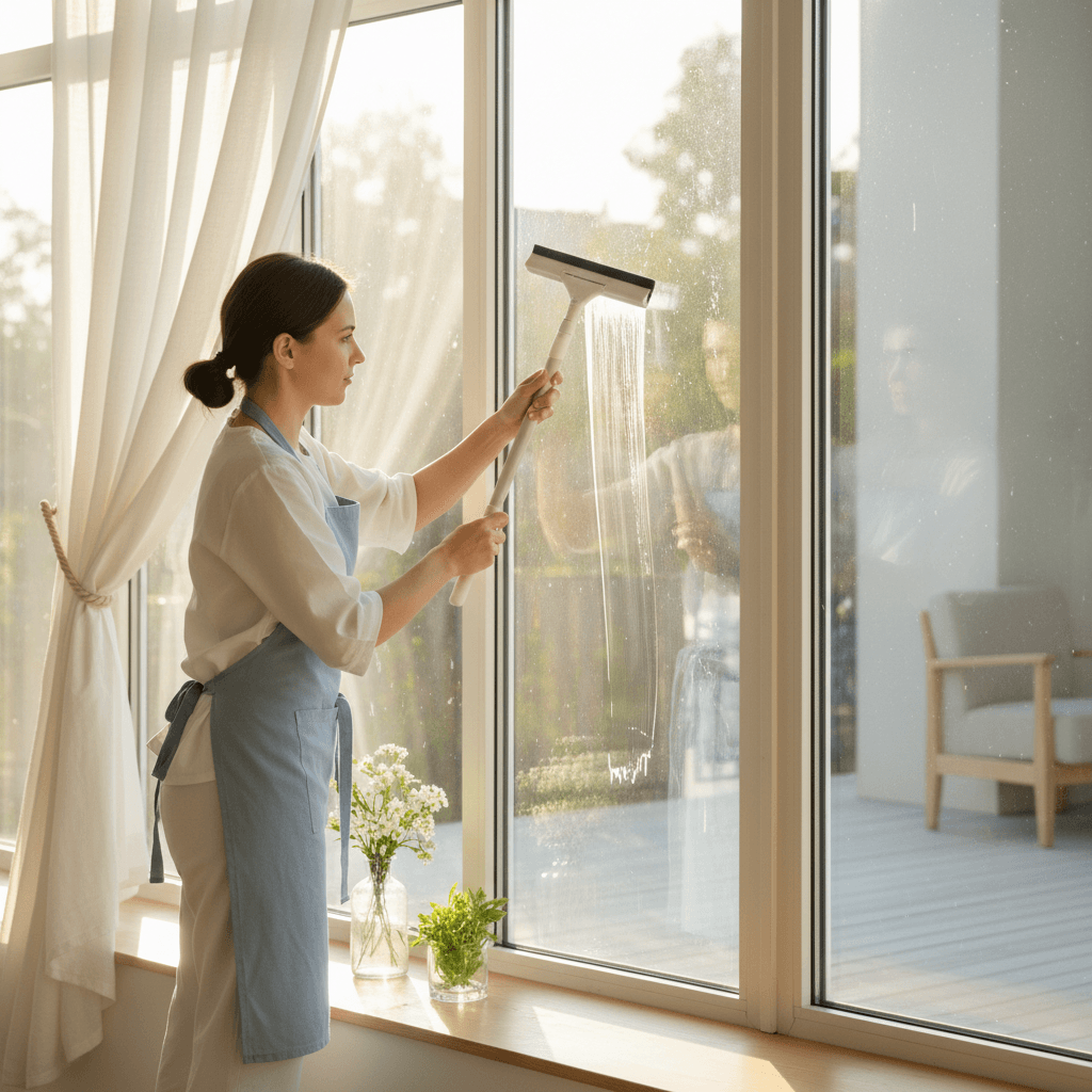 Cleaner squeegeeing water off an interior window