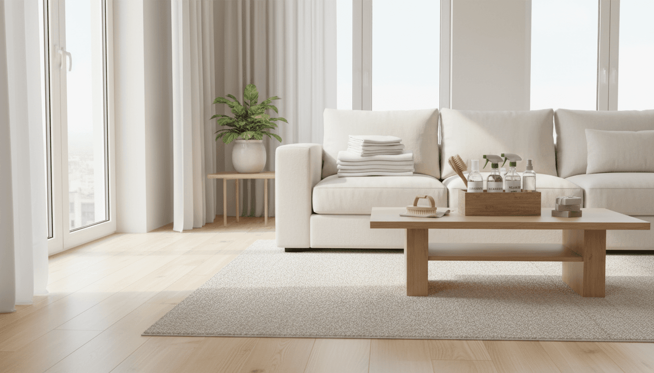Bright modern living room prepared with fresh towels and eco-friendly cleaning supplies on a coffee table