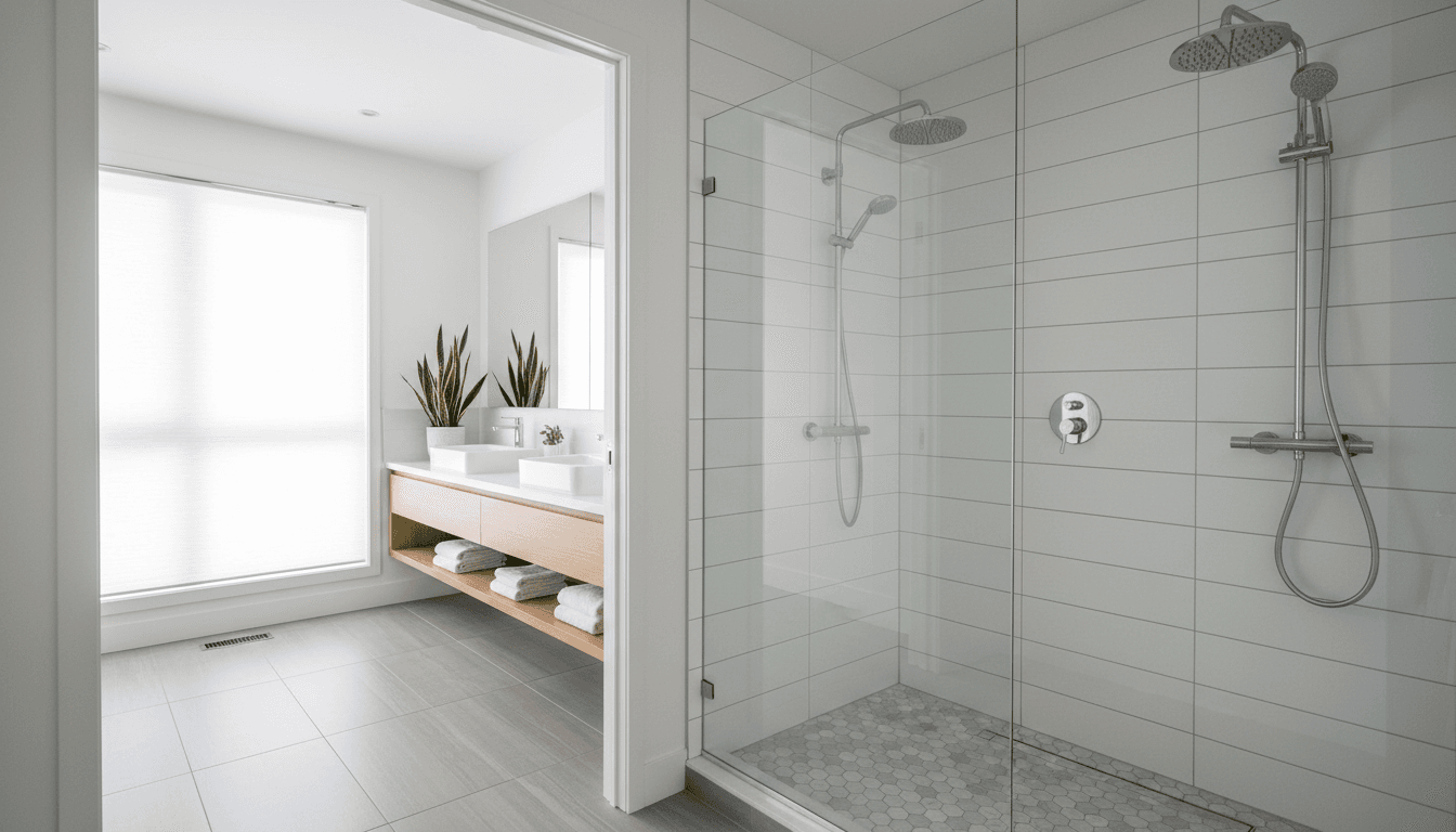 Sparkling clean shower with glass doors and white tile in a modern bathroom