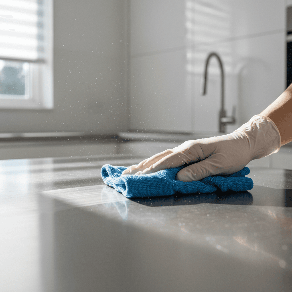 Professional cleaner wiping a countertop in a modern kitchen