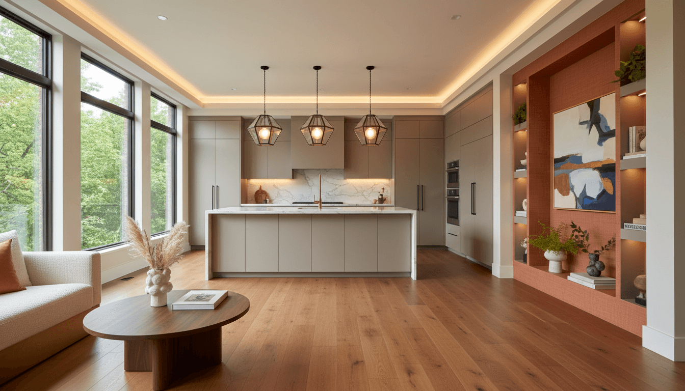 Bright, freshly renovated living room with clean surfaces and natural light