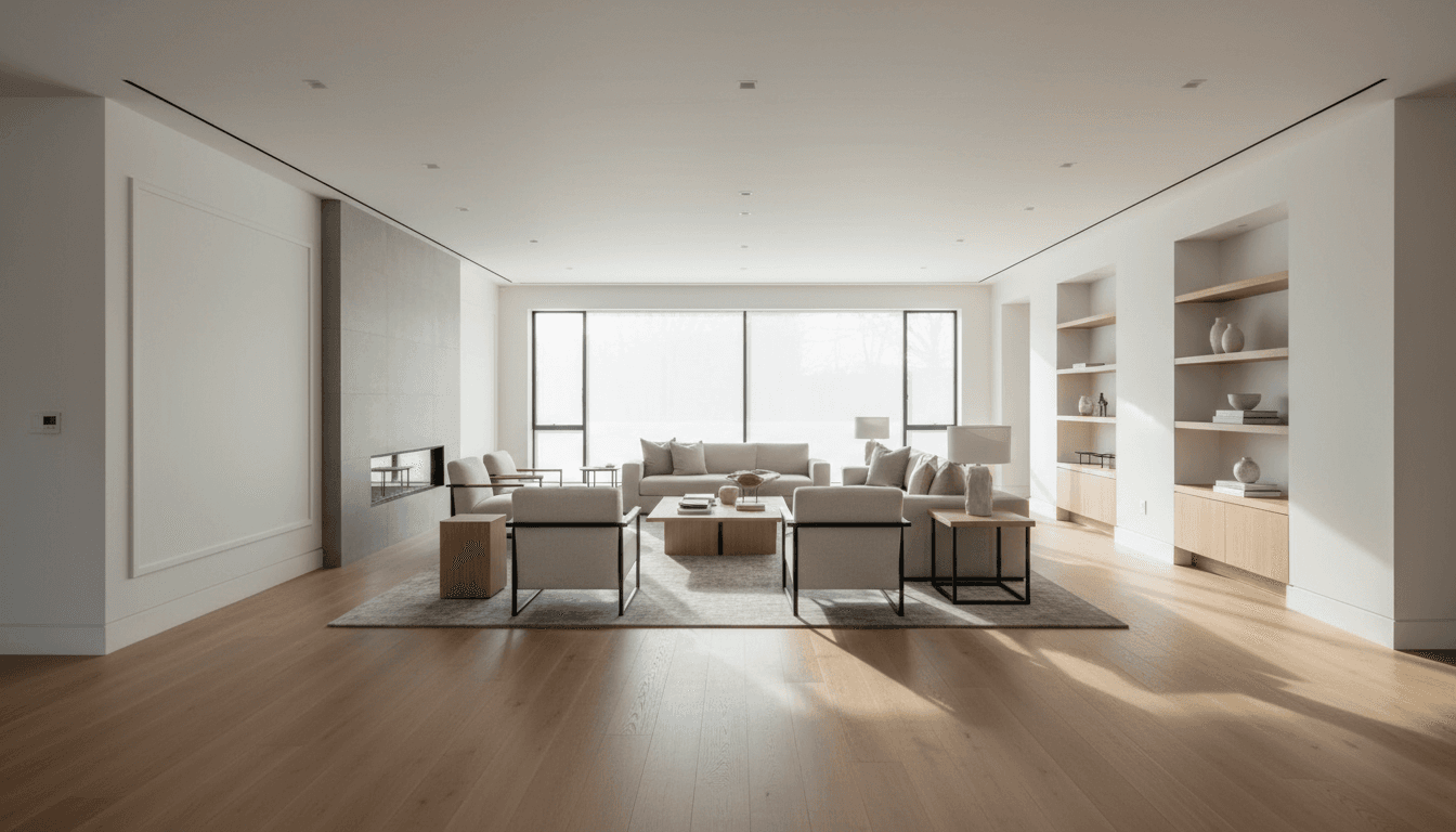 Bright spotless open concept living room with hardwood floors after construction
