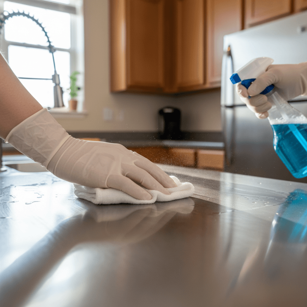 Close-up of hands cleaning and polishing stainless steel kitchen countertop with spray bottle and cloth