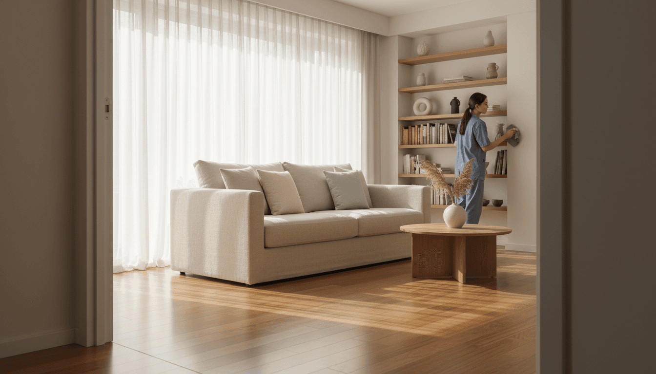 Homeowner walking through a spotless bright living room with a smile