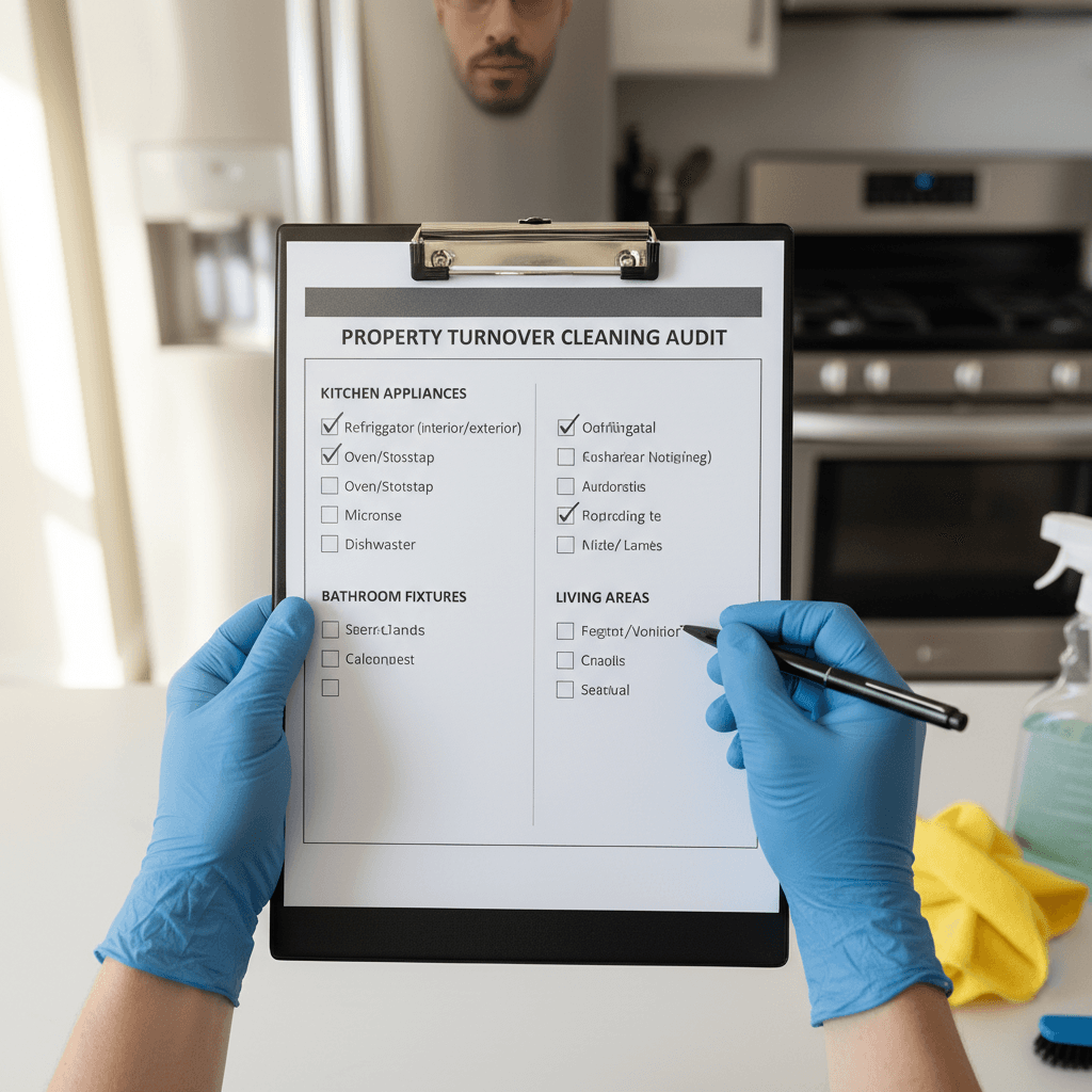 Professional cleaner reviewing a checklist with a clipboard in a bright home