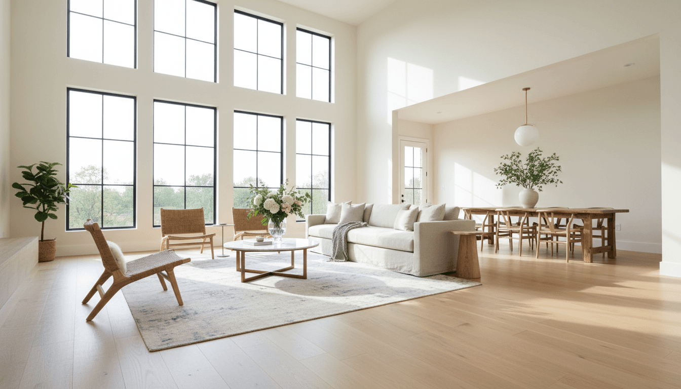 Bright modern living room with large windows and natural light