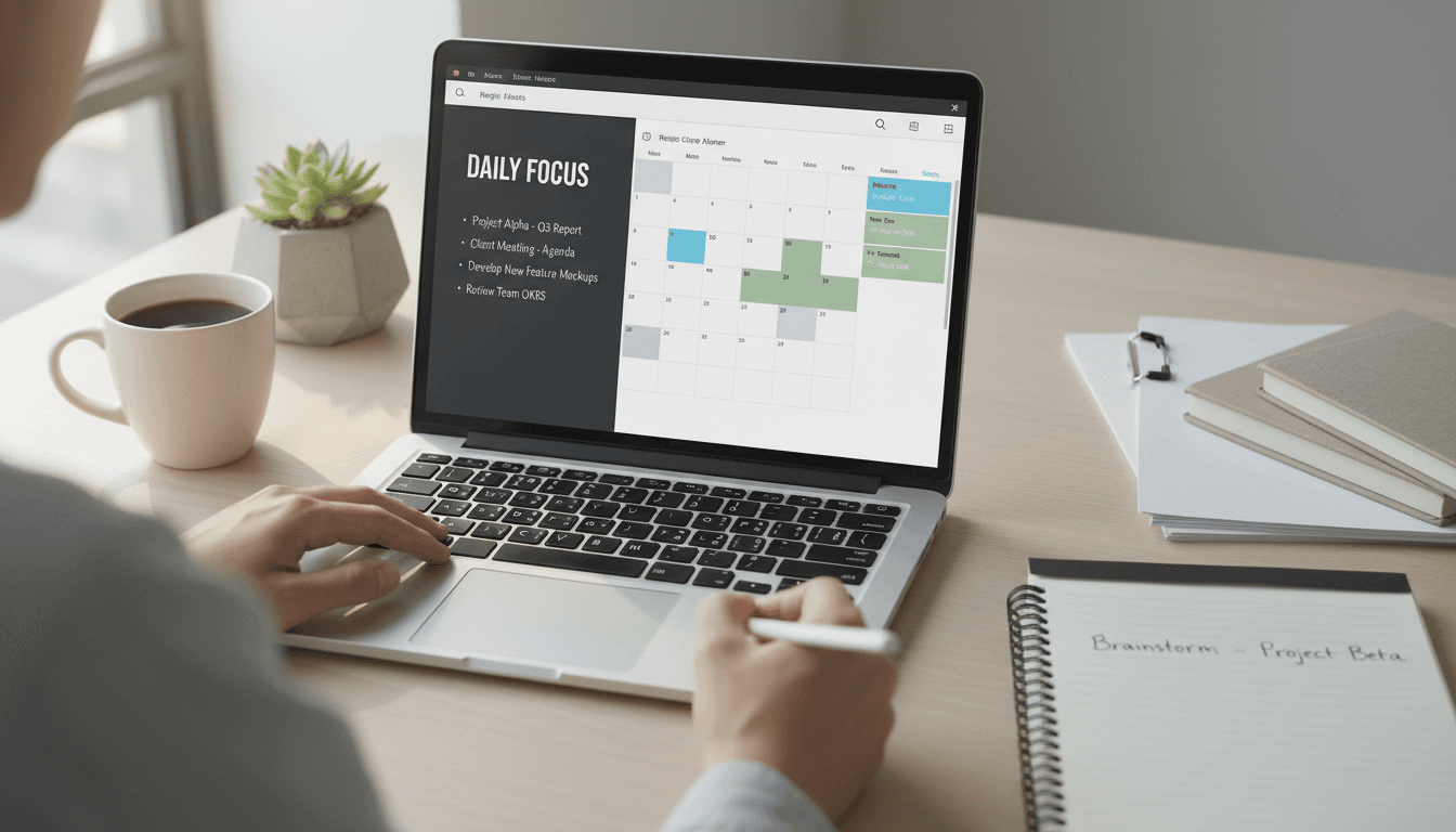 Organized calendar and clock on a bright home office desk