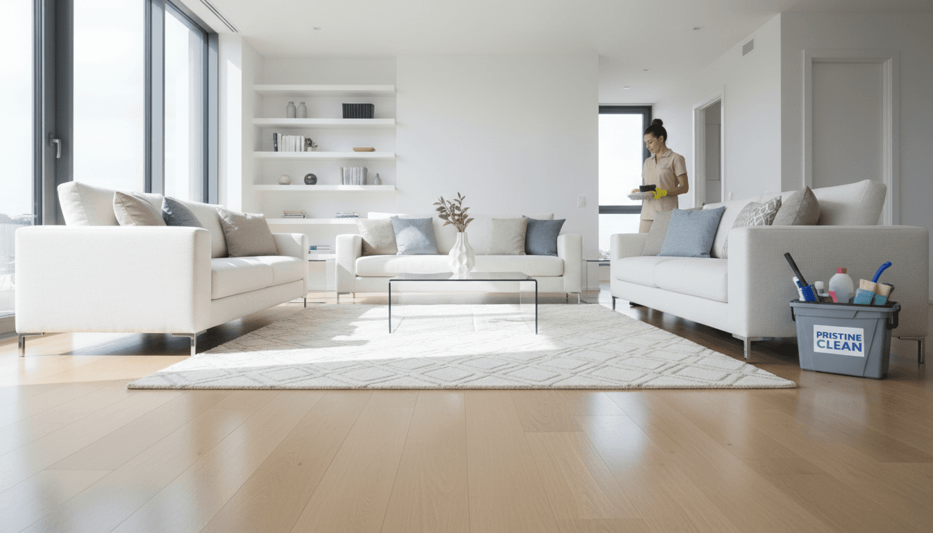 Clean bright living room with fresh sofa and shining wooden floor