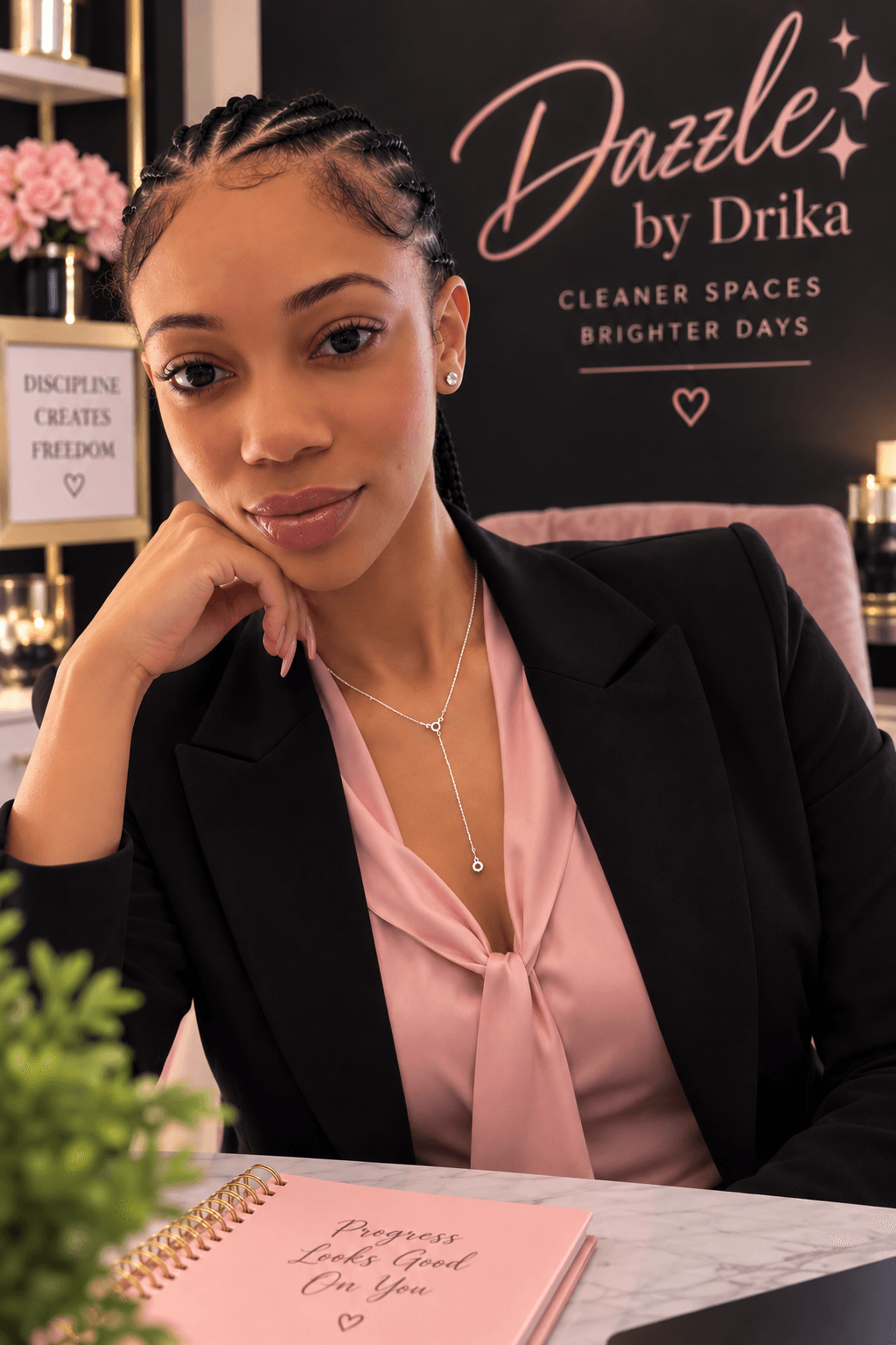 Professional woman with braided hair in a black blazer and pink blouse at her desk.