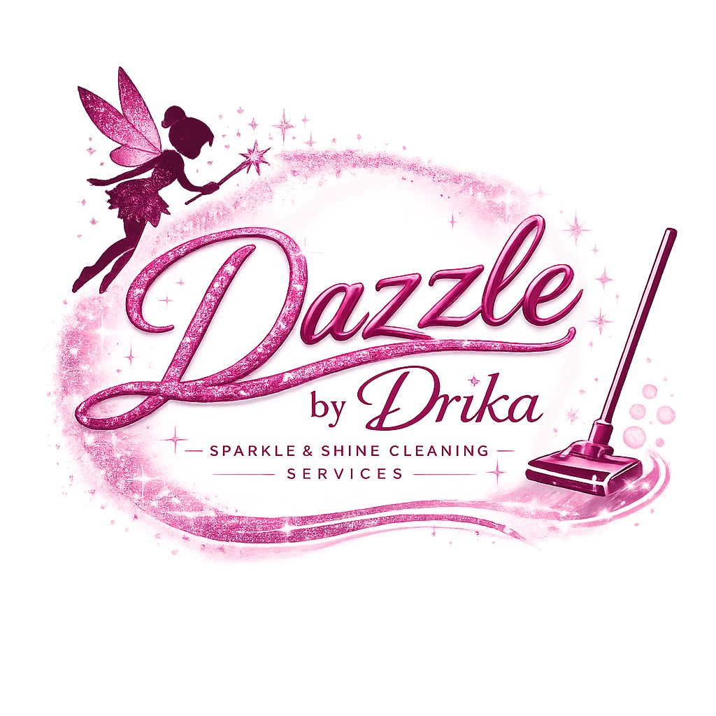 Logotipo rosa con brillo de Dazzle by Drika LLC que muestra una hada y una aspiradora.